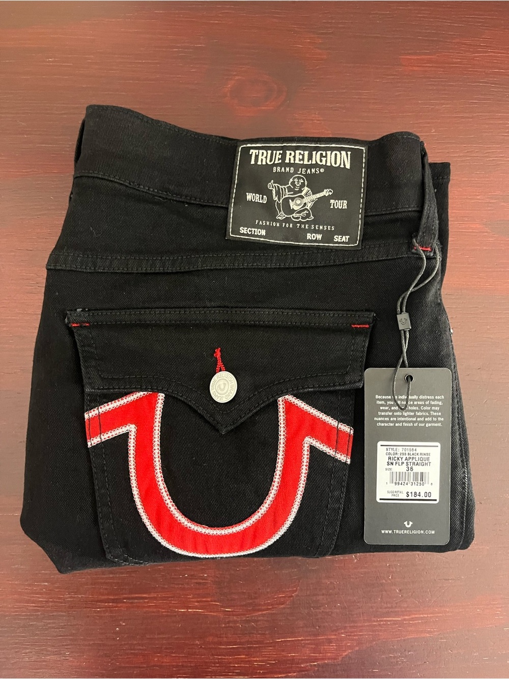 True Religion Ricky Applique SN Flap Straight “2SB Black Rinse” 36x30 #701564